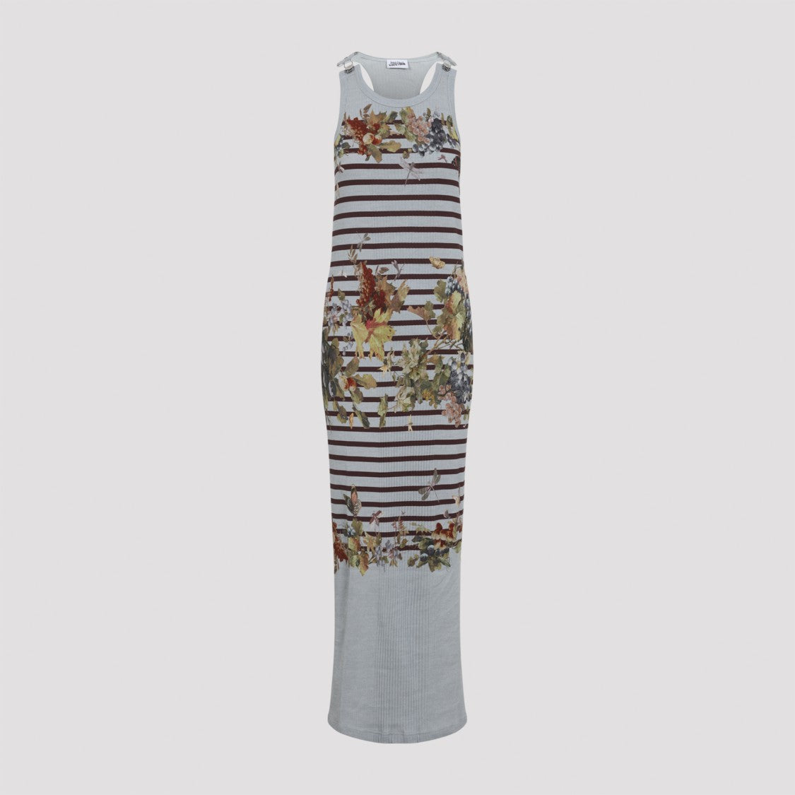Jean Paul Gaultier Long Blue Cotton Dress With Striped Grape Print