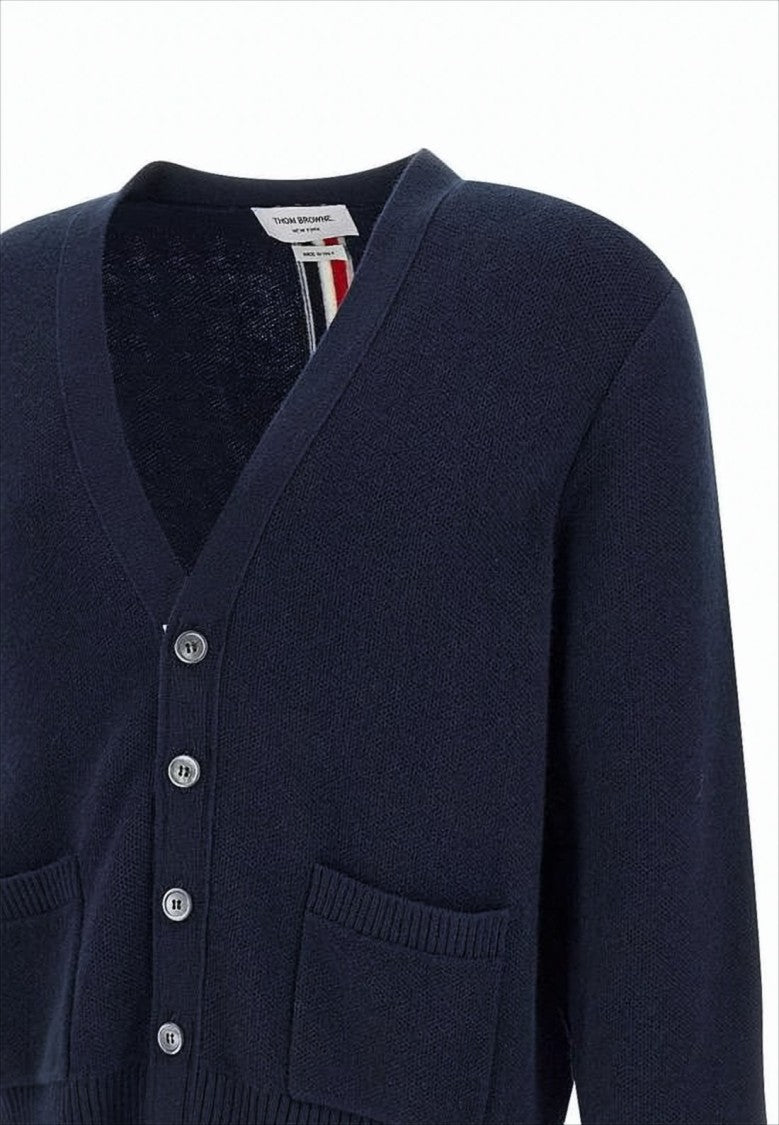 Thom Browne Classic V-Neck Wool Cardigan With Striped Back Detail