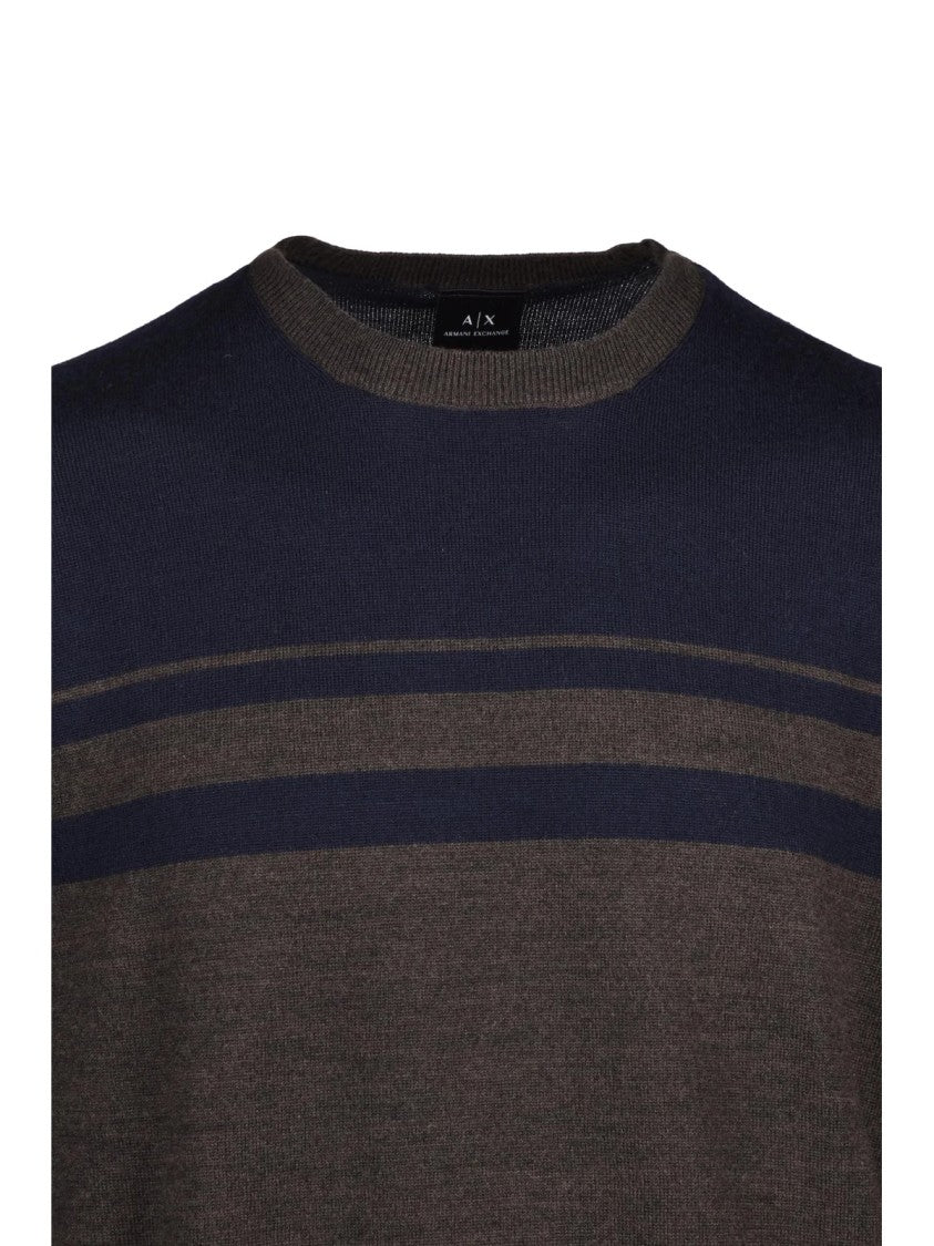 Armani Exchange Blue/Brown Striped Virgin Wool-Blend Crewneck Sweater