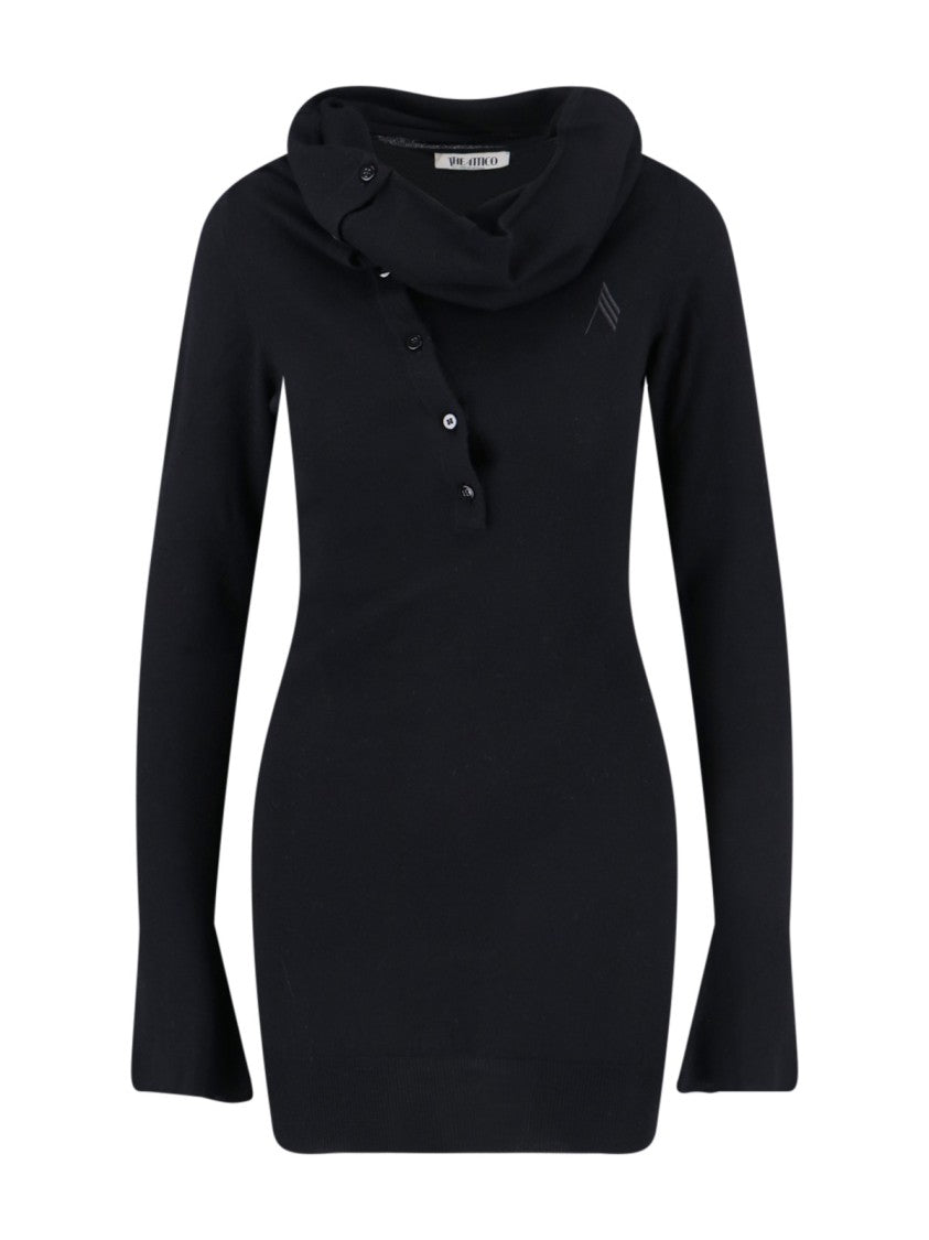 The Attico Asymmetrical Collar Black Dress With Logo Embroidery