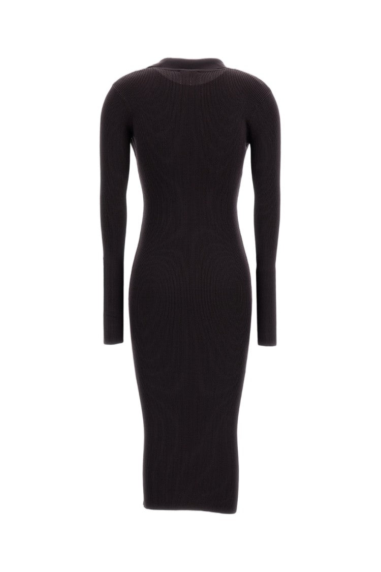 Elisabetta Franchi Ribbed Stretch Knit Midi Dress With Pointed Collar And Gold-Tone Logo