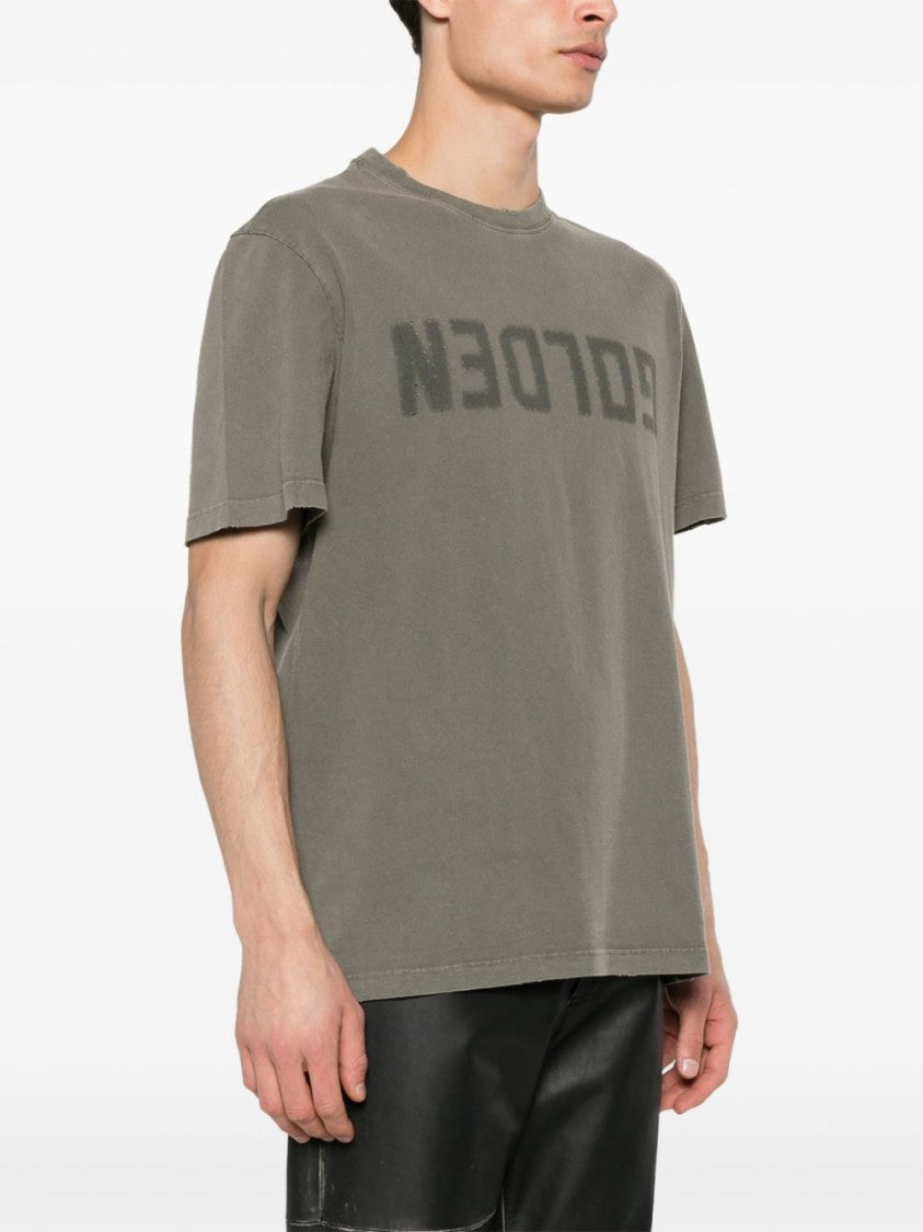 Golden Goose Dust Olive Green Distressed Printed Cotton T-Shirt