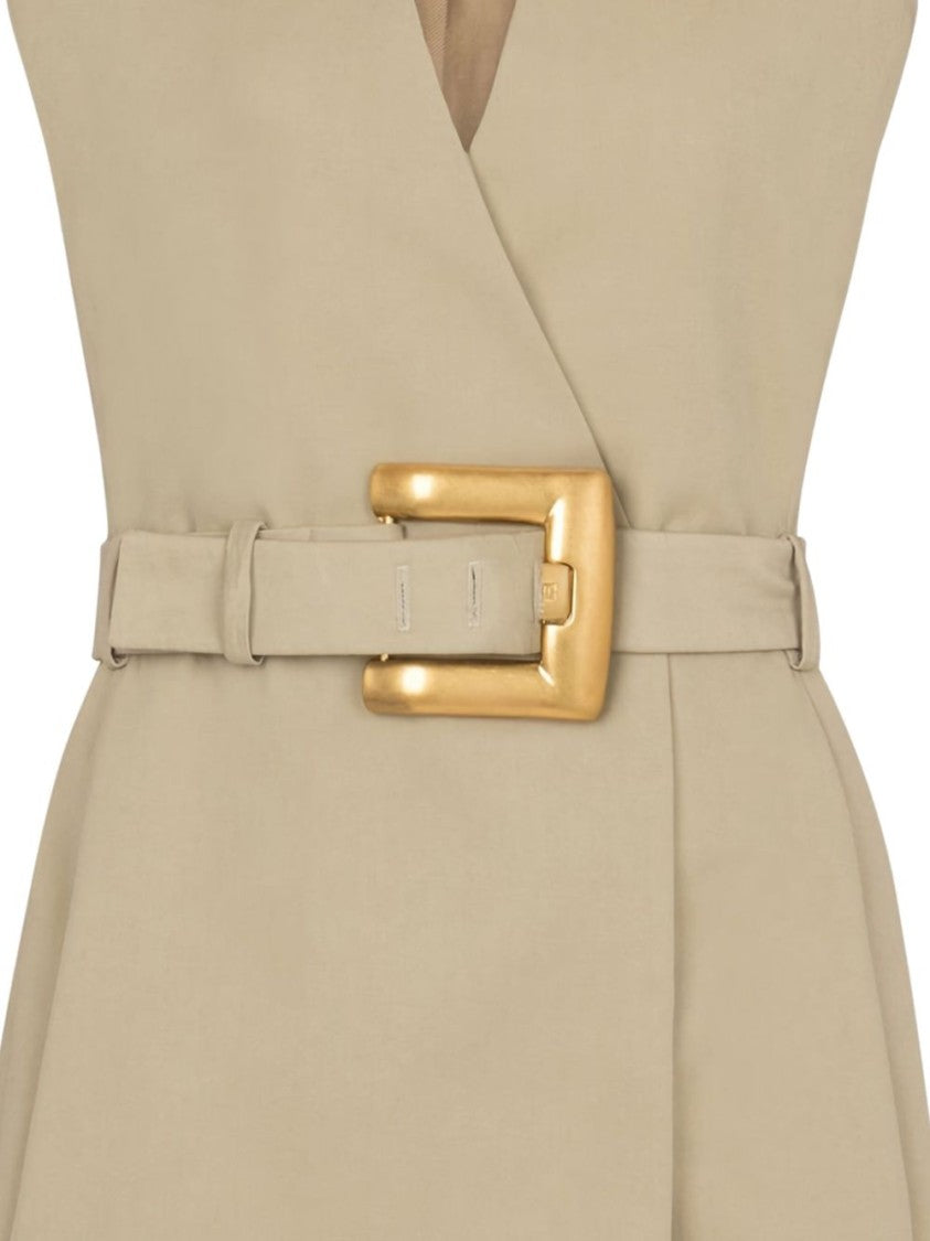 Balmain Beige V-Neck Belted Cotton Dress
