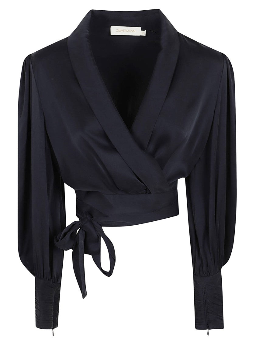 Zimmermann Silk Wrap Top With Puffed Sleeves