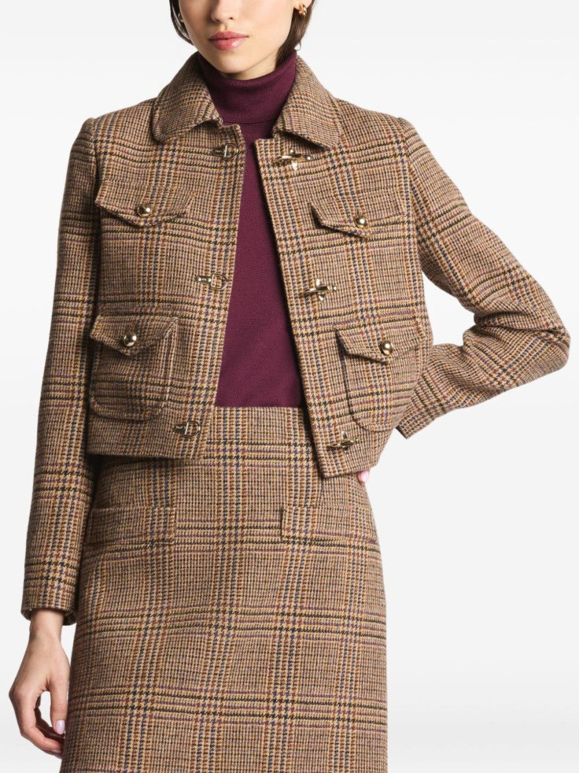 Fay Beige Cropped Jacket With Classic Checkered Pattern