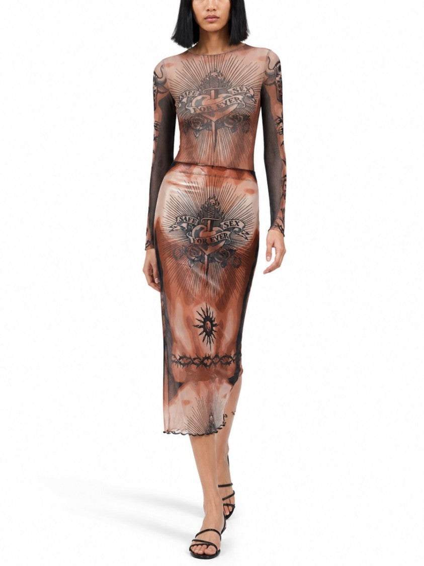 Jean Paul Gaultier Skin-Tone Polyamide Tattoo Midi Skirt