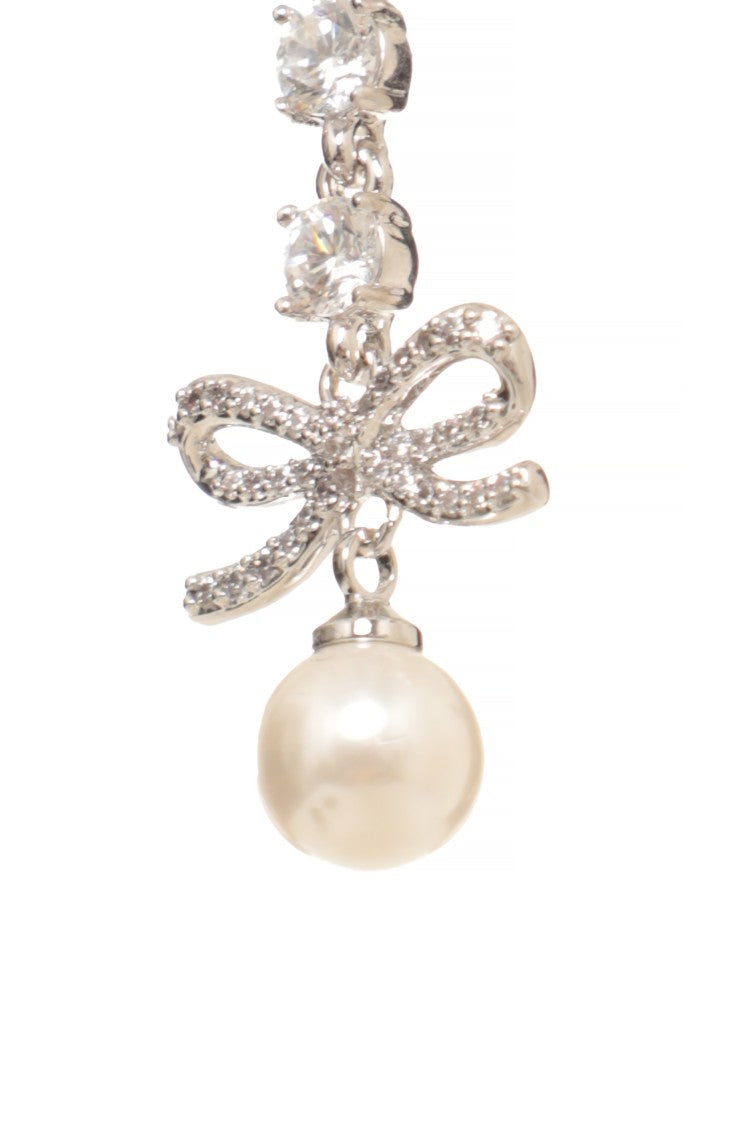 Self-Portrait Silver Crystal Bow Pearl Drop Earrings