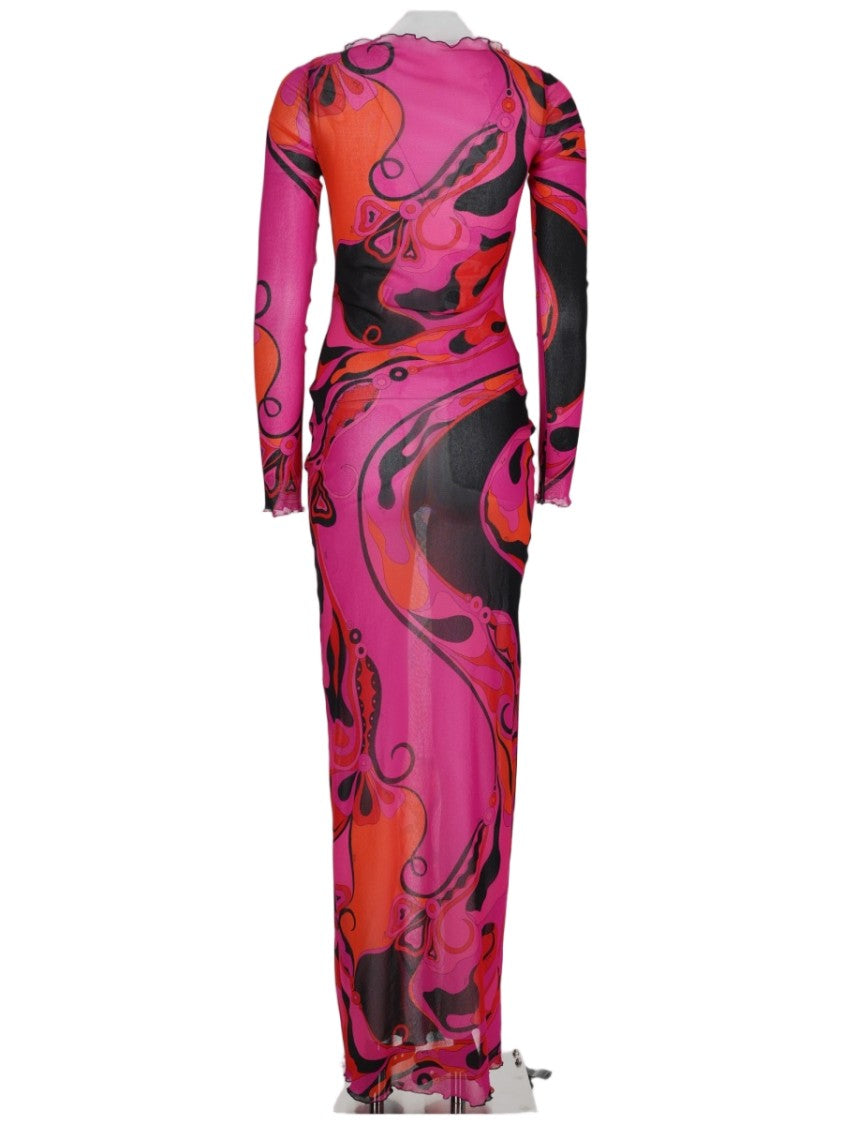 Pucci Floor-Length Fuchsia Abstract Dress With Long Sleeves