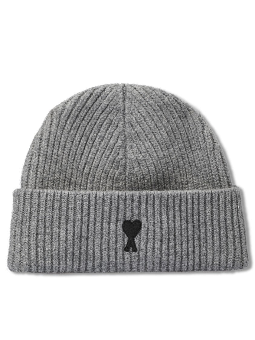Ami Paris Grey Quota Embroidered Wool Beanie Hat
