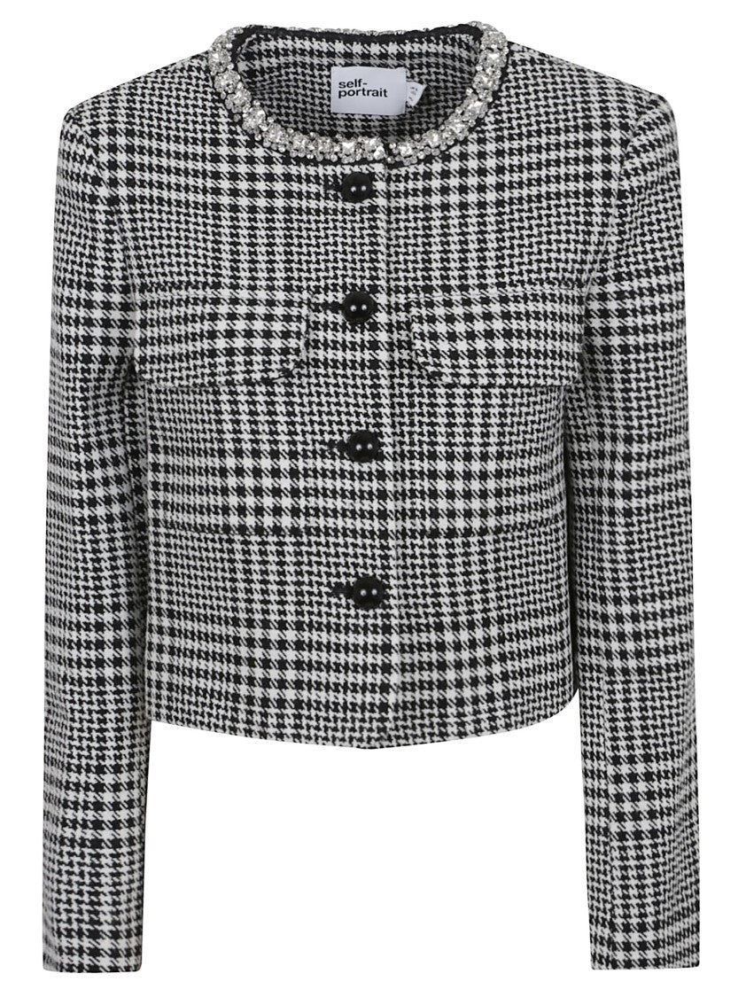 Self-Portrait Cropped Black Houndstooth Jacket