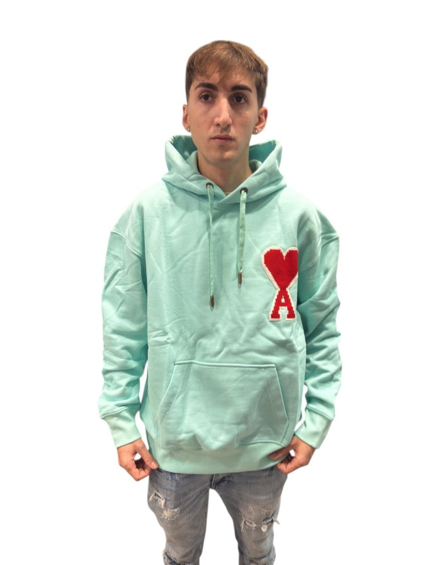 Ami Paris Light Mint Green Large Heart-Emblem Hooded Sweatshirt