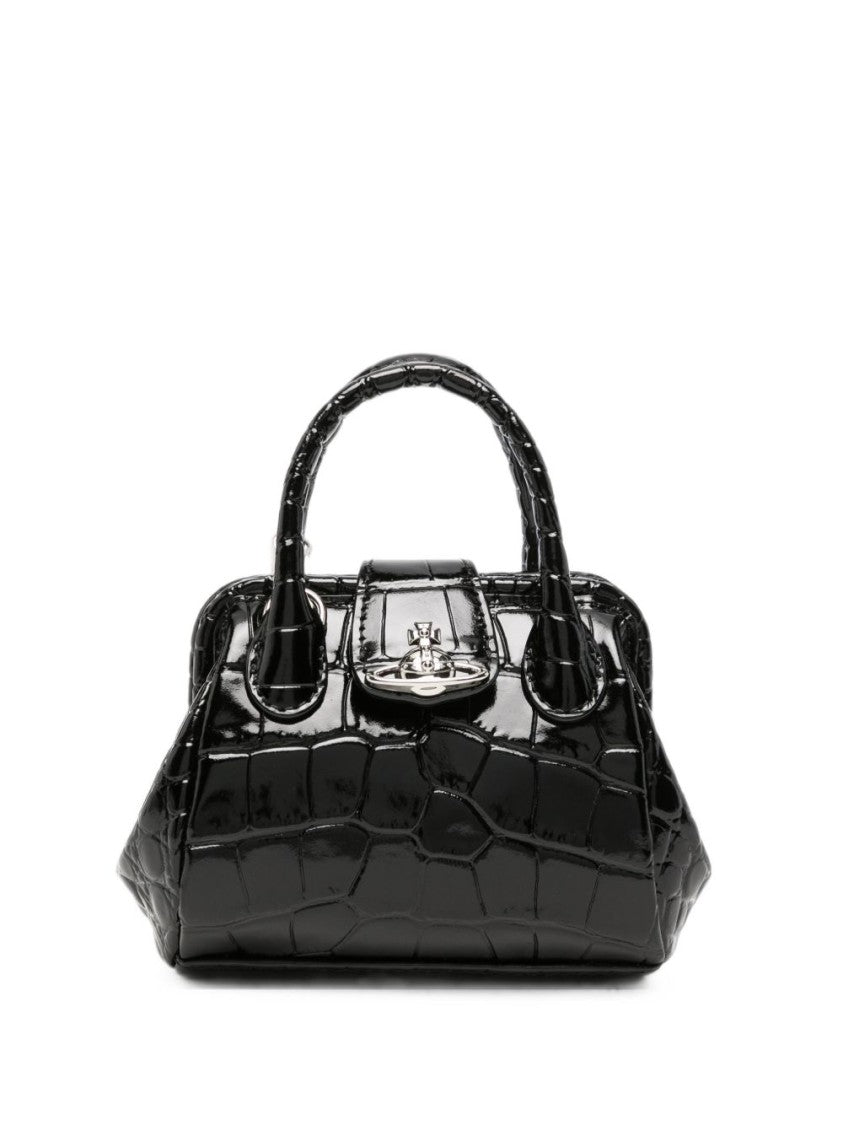 Vivienne Westwood Glossy Black Crocodile-Embossed Handbag With Detachable Chain Strap