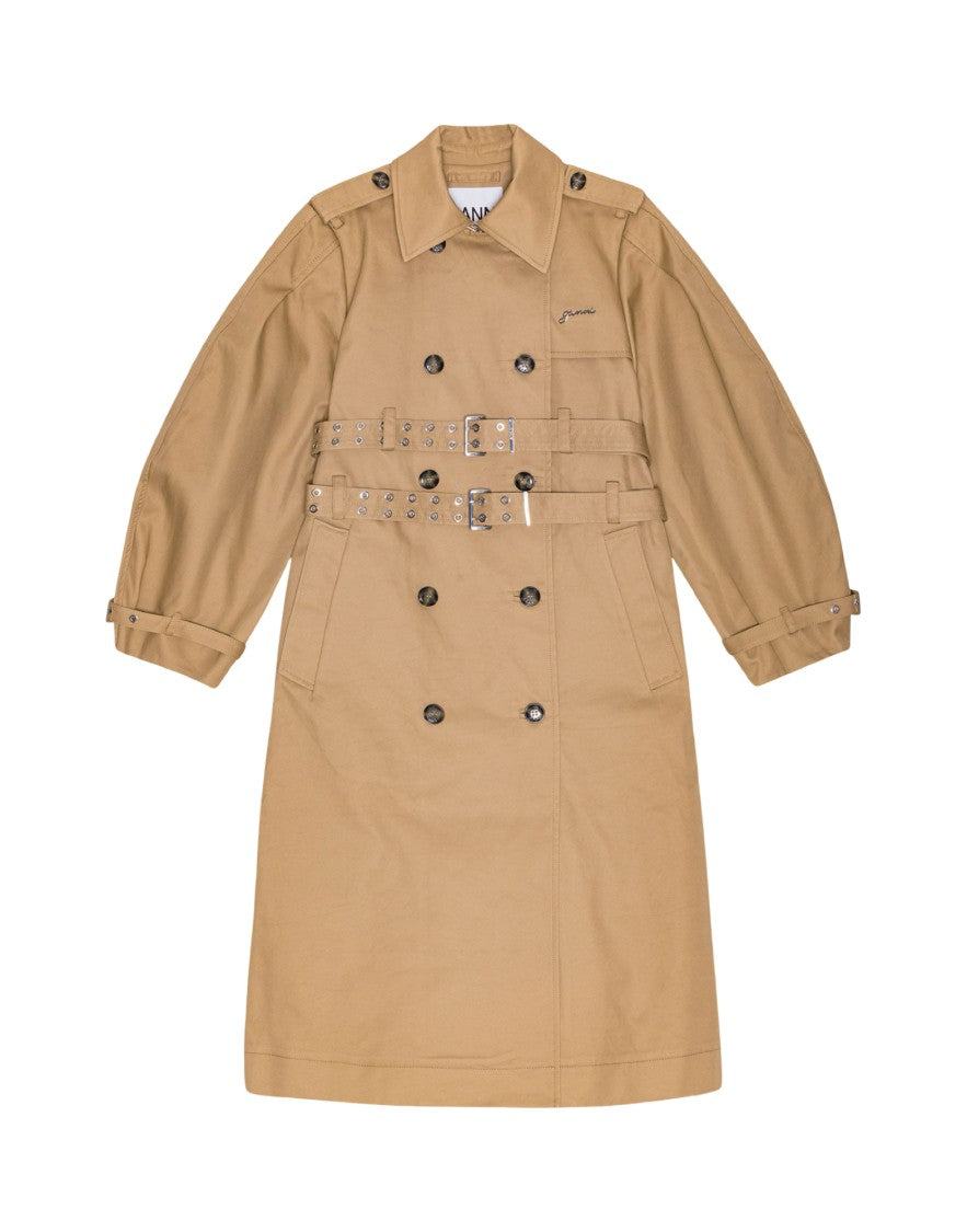 Ganni Beige Double-Breasted Trench Coat With Belted Waist