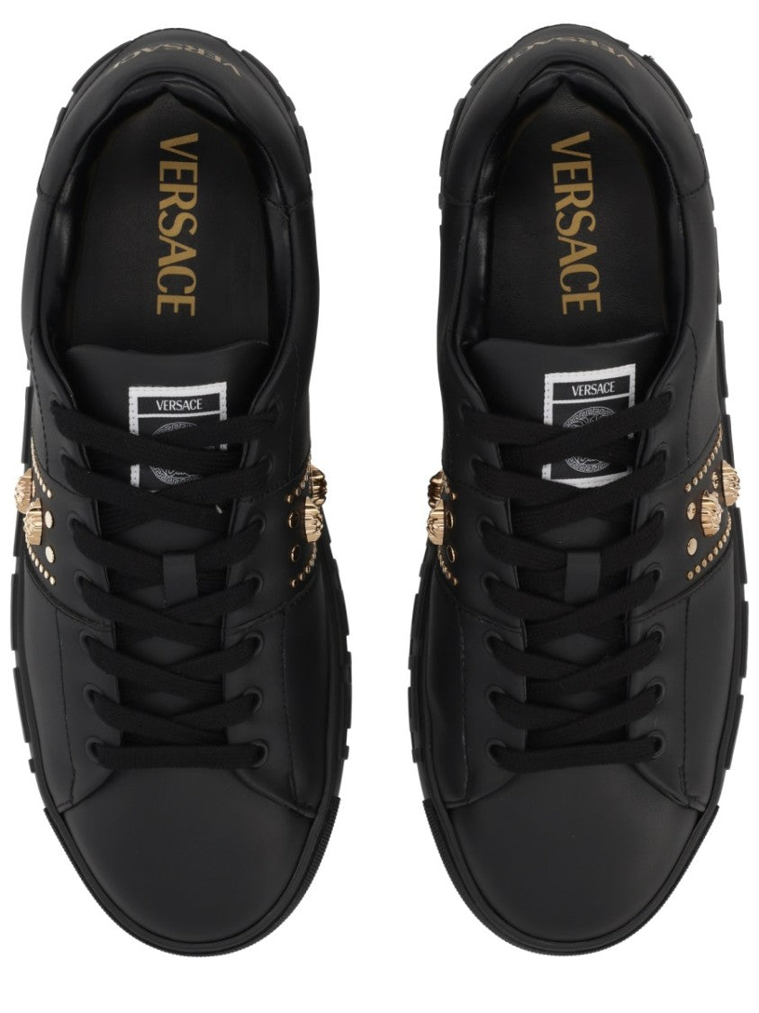 Versace Calf Leather Low-Top Sneakers With Gold Medusa Head Embellishments
