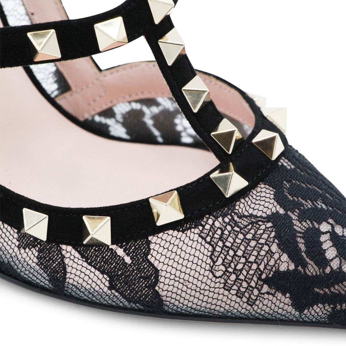 Valentino Garavani Pointed-Toe Pumps With Lace Overlay And Pyramid Studs