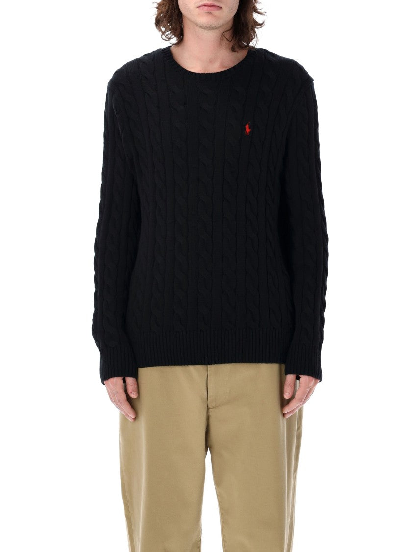 Polo Ralph Lauren Cable-Knit Black Cotton Sweater With Ribbed Trims