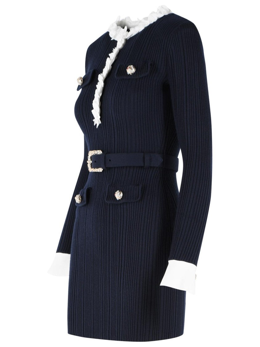 Self-Portrait 'Flower' Mini Dress In Navy Wool Blend