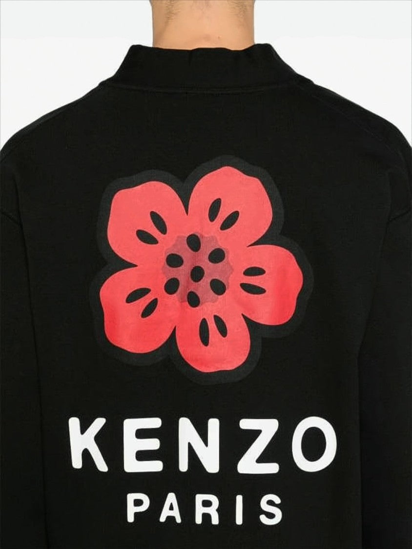 Kenzo Black Knitwear Cardigan With Floral Graphic And Logo