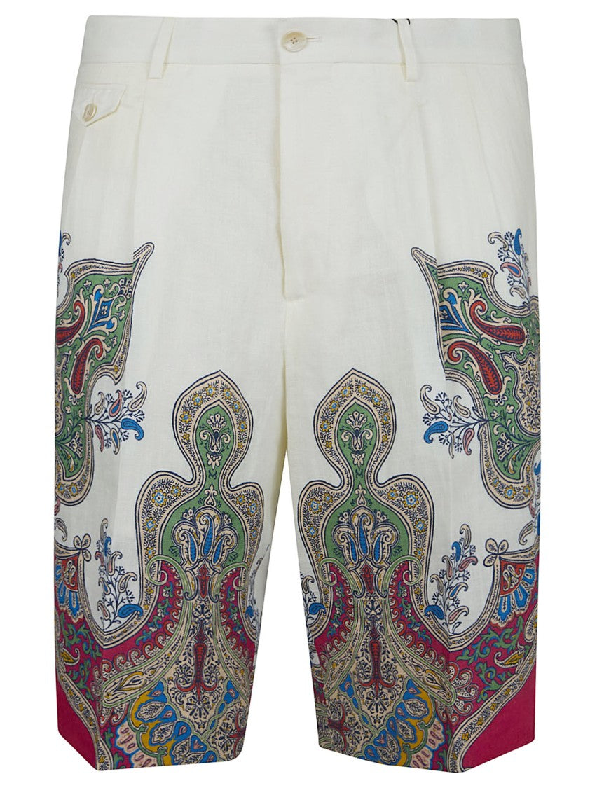 Etro Linen Shorts With Paisley Print And Floral Accents