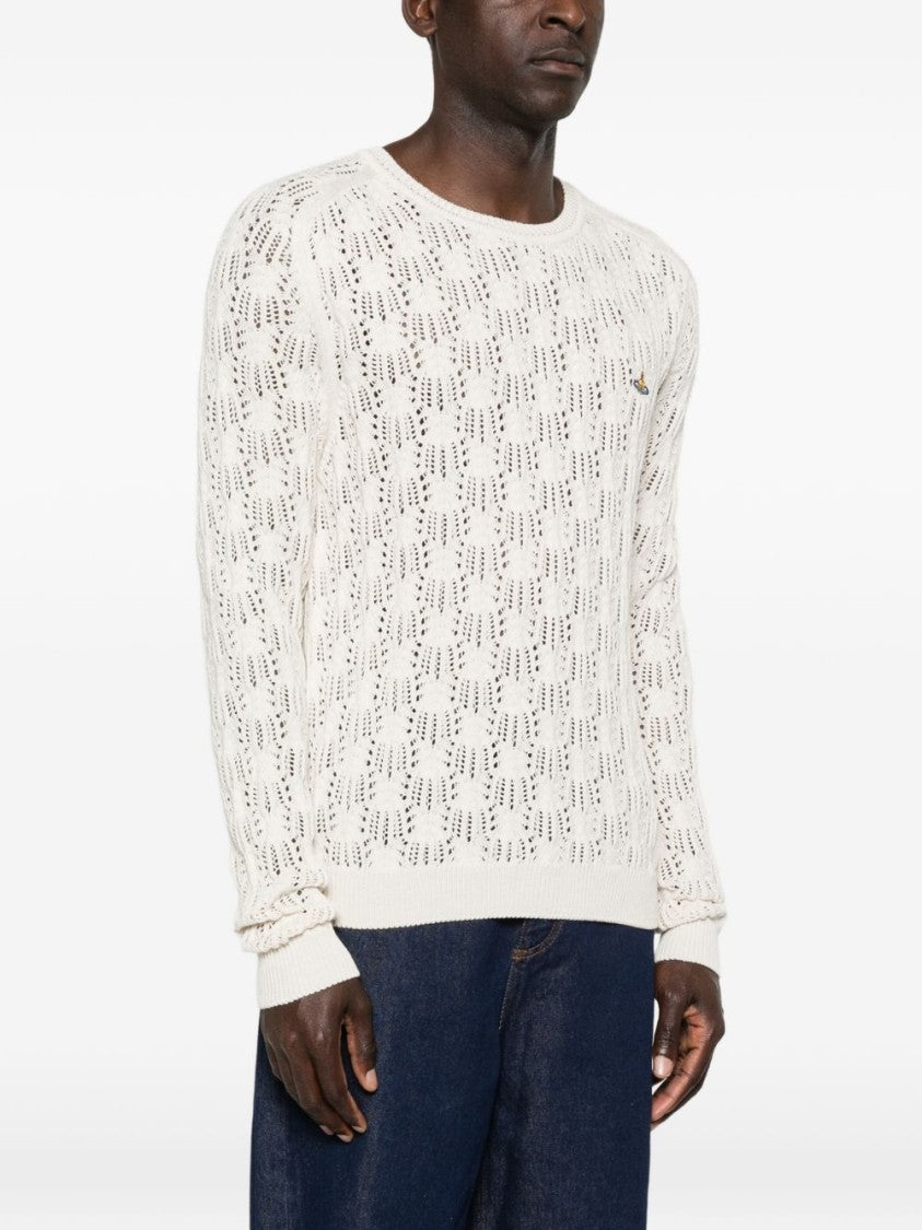 Vivienne Westwood White Openwork Knit Orb Round Sweater