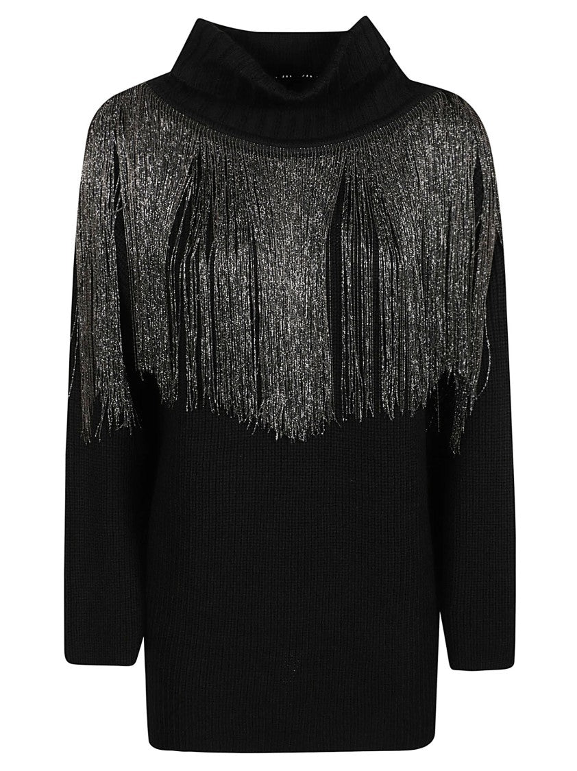 Pinko Black Ribbed Turtleneck Sweater With Metallic Fringe Detail