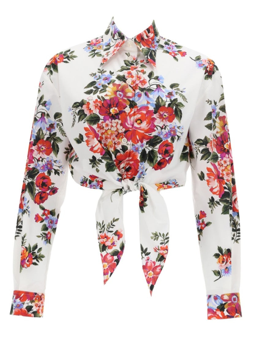 Dolce & Gabbana White Floral Print Front Tie Shirt