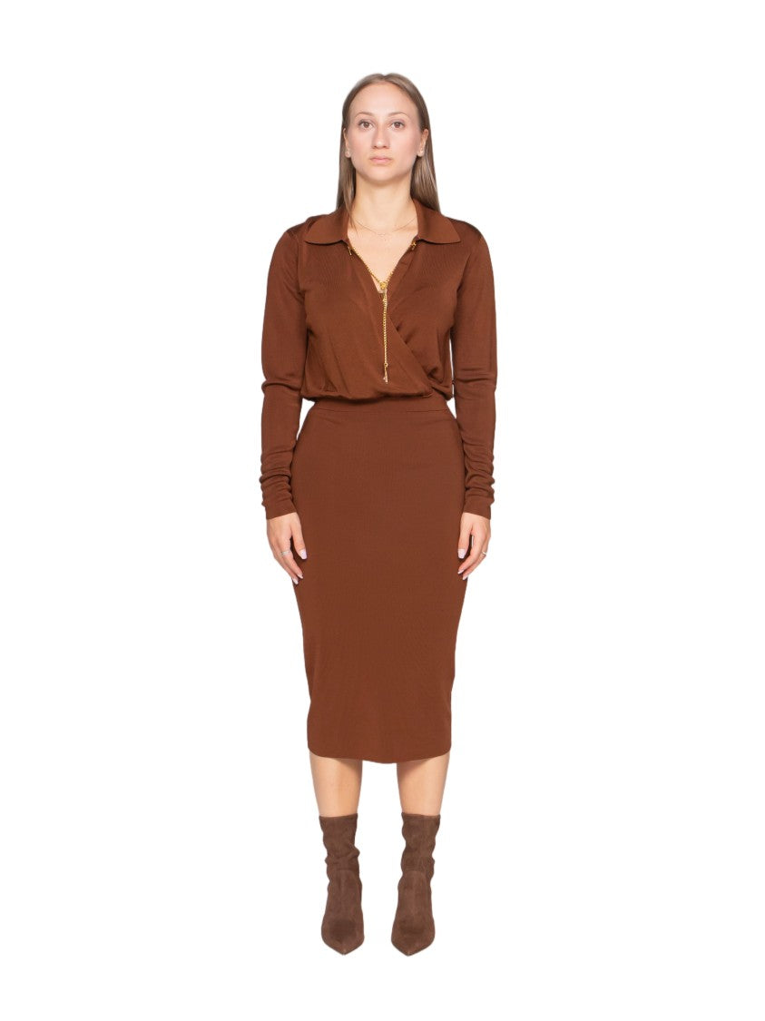 Elisabetta Franchi Fitted Collared Zipper Midi Dress