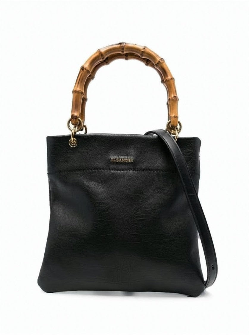 Jil Sander Structured Black Leather Shoulder Bag With Bamboo-Style Handles