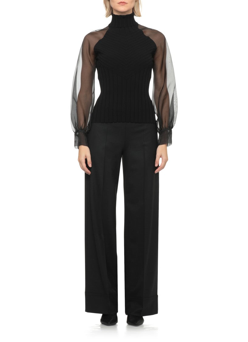 D. Exterior Black Ribbed Viscose Silk Turtleneck Sweater