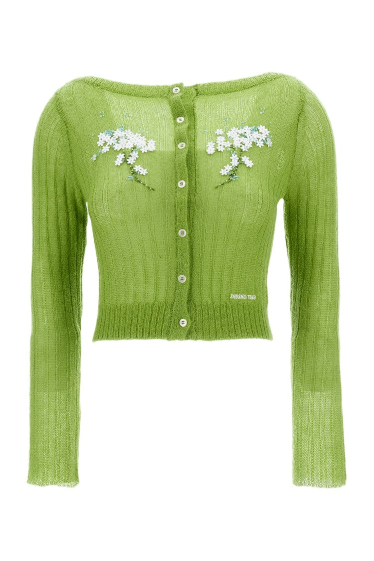 Shushu/Tong Green Beaded Floral Embellished Wool-Blend Cardigan
