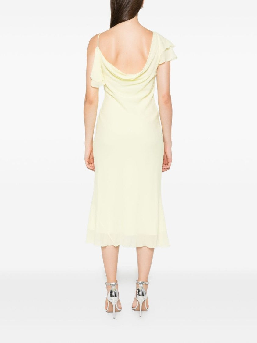 Self-Portrait Light Yellow Ruffled Midi Dress With Draped Neckline