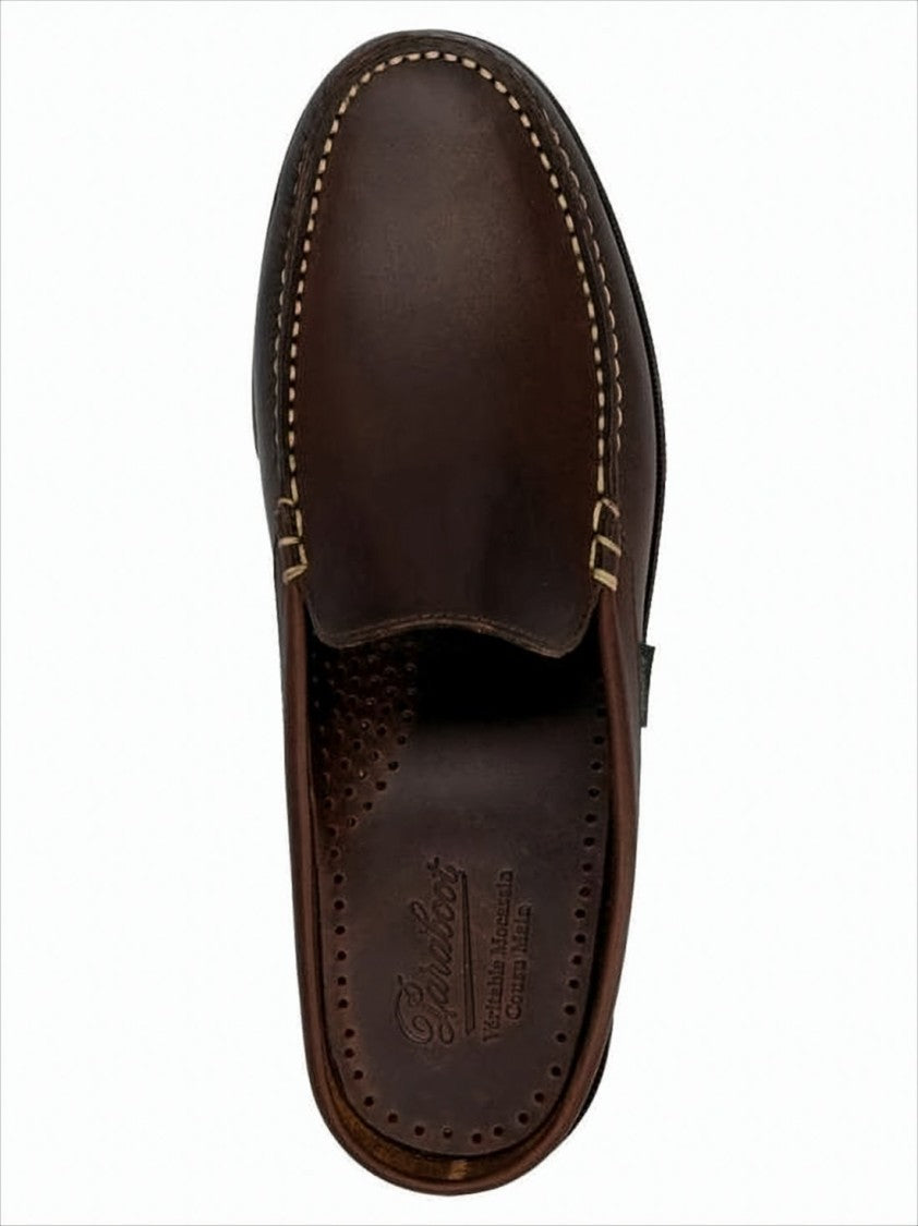 Paraboot Backless Dark Brown Leather Loafers With Signature Stitching