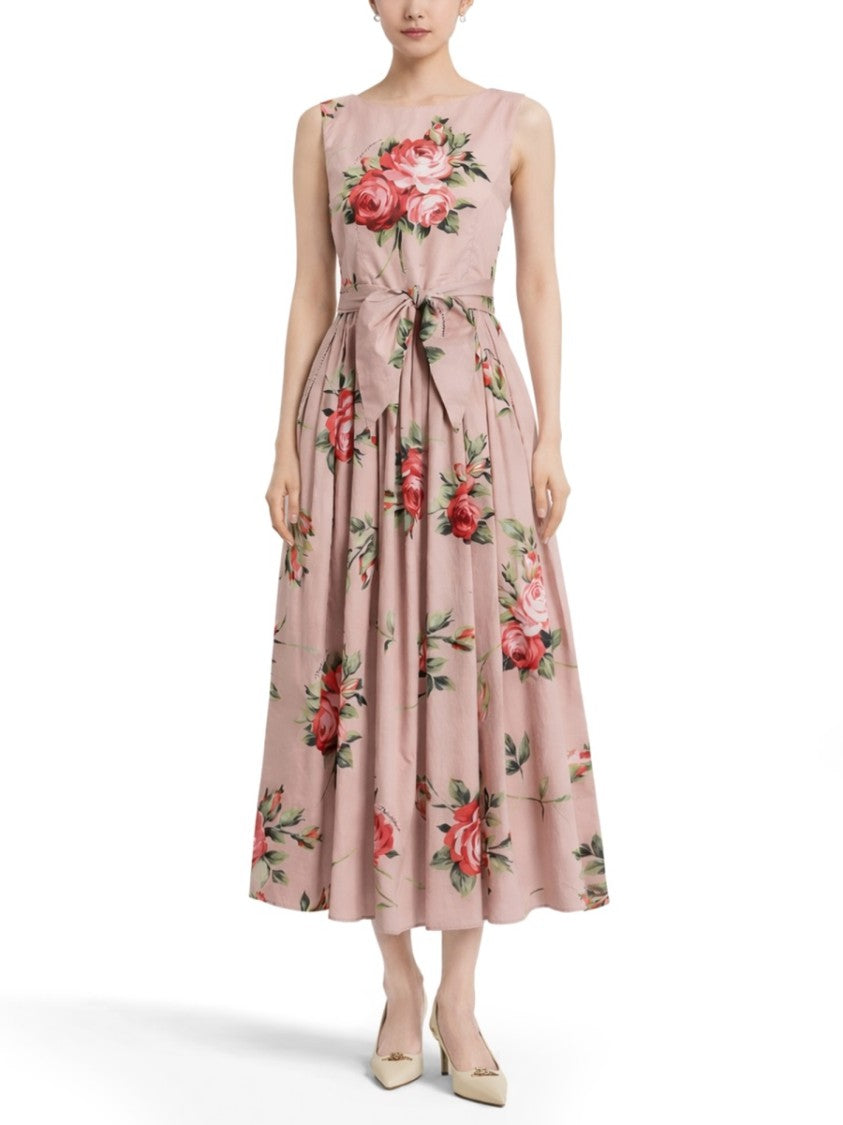 Dolce & Gabbana Rose Bouquet Cotton Belted Midi Dress