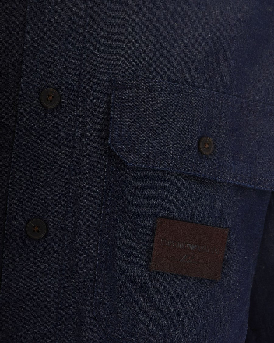 Emporio Armani Casual Chambray Shirt With Guru Collar And Flap Pockets