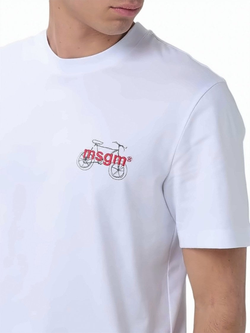 Msgm White Bicycle Graphic Embroidered Cotton T-Shirt