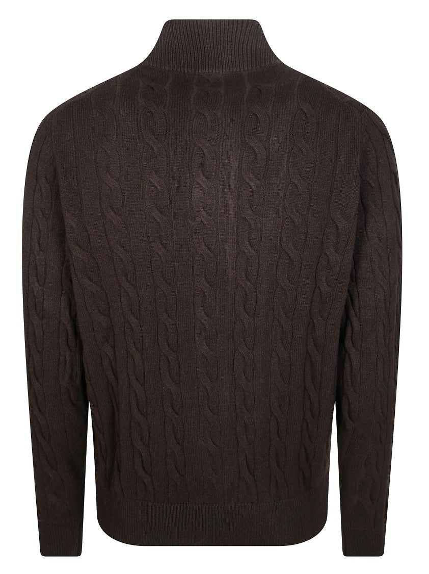 Filippo De Laurentiis Brown Cable Knit Stand-Up Collar Bomber Jacket