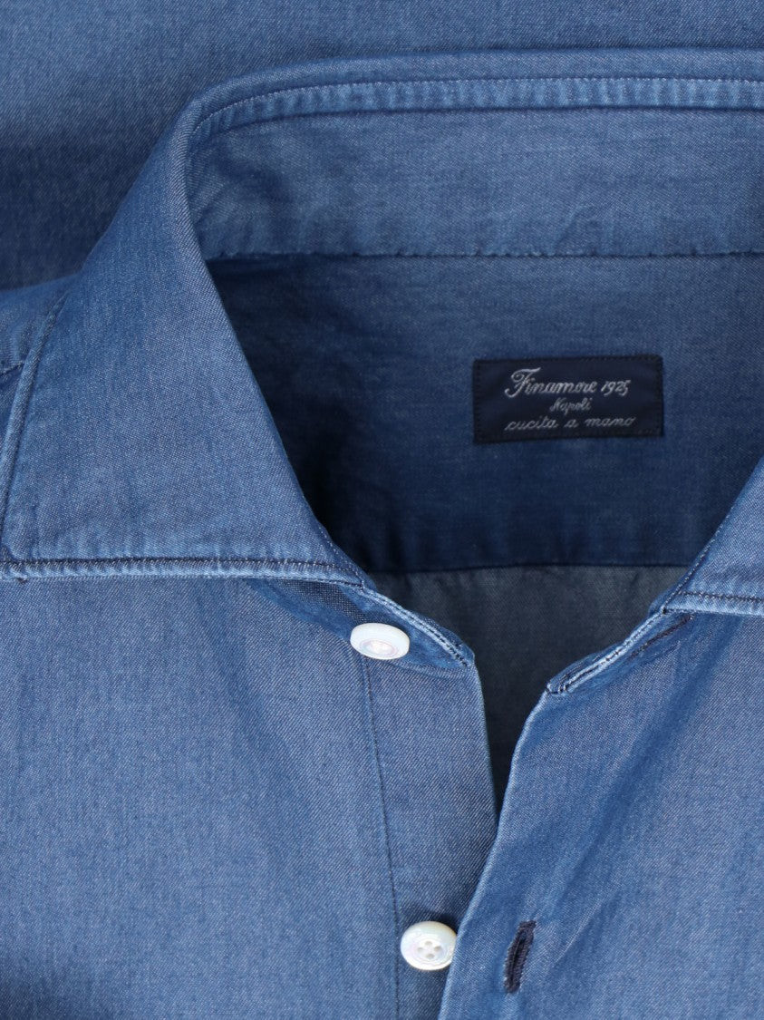 Finamore 1925 "Milano" Shirt In Blue Cotton Classic Collar