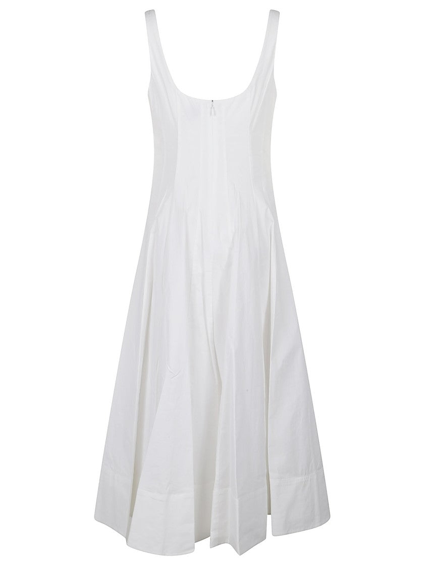 Staud White Wells Pleated A-Line Cotton-Blend Midi Dress