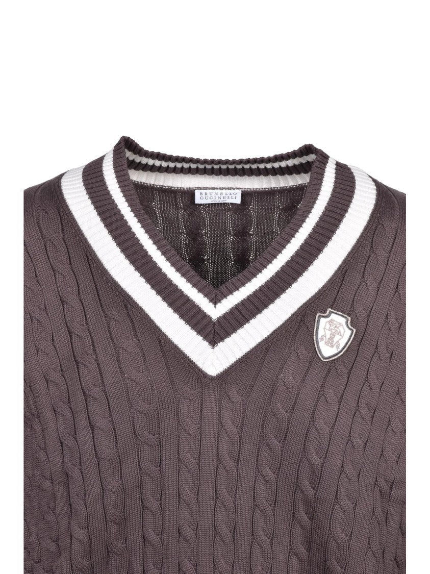 Brunello Cucinelli Short V-Neck Cotton Sweater With Textured Cable Knit