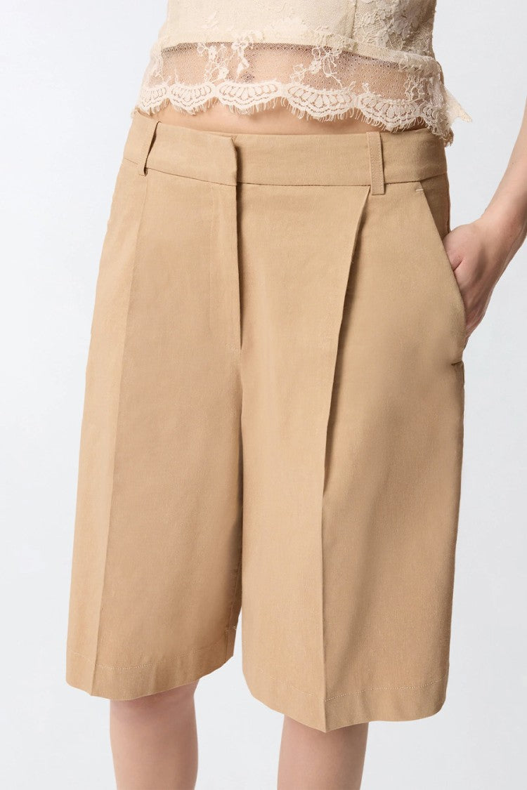 Pinko Beige Pleated Front Wide-Leg Linen-Blend Shorts