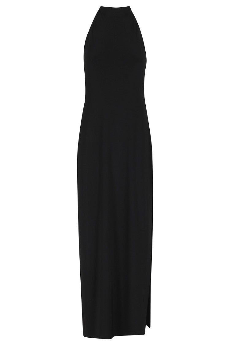 Norma Kamali Black Halter Open-Back Side-Slit Polyester Dress