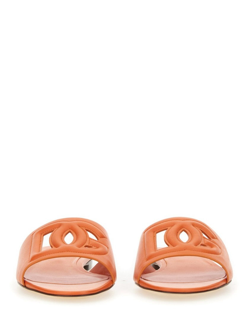 Dolce & Gabbana Open Toe Raised Logo Leather Slide Sandals
