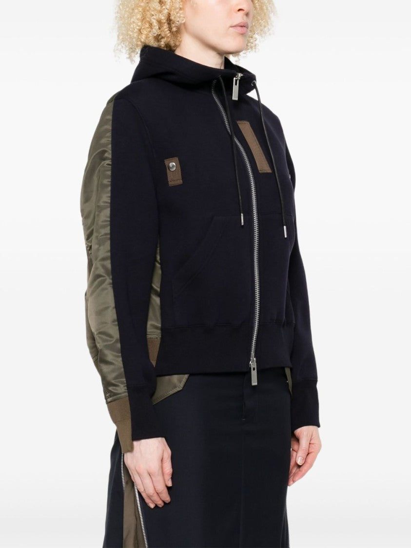 Sacai Midnight Blue Zip-Through Hoodie With Contrasting Olive Satin Sleeves