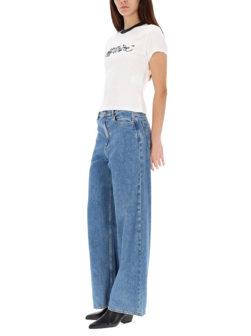 Off-White Cropped T-Shirt With Embroidered Logo