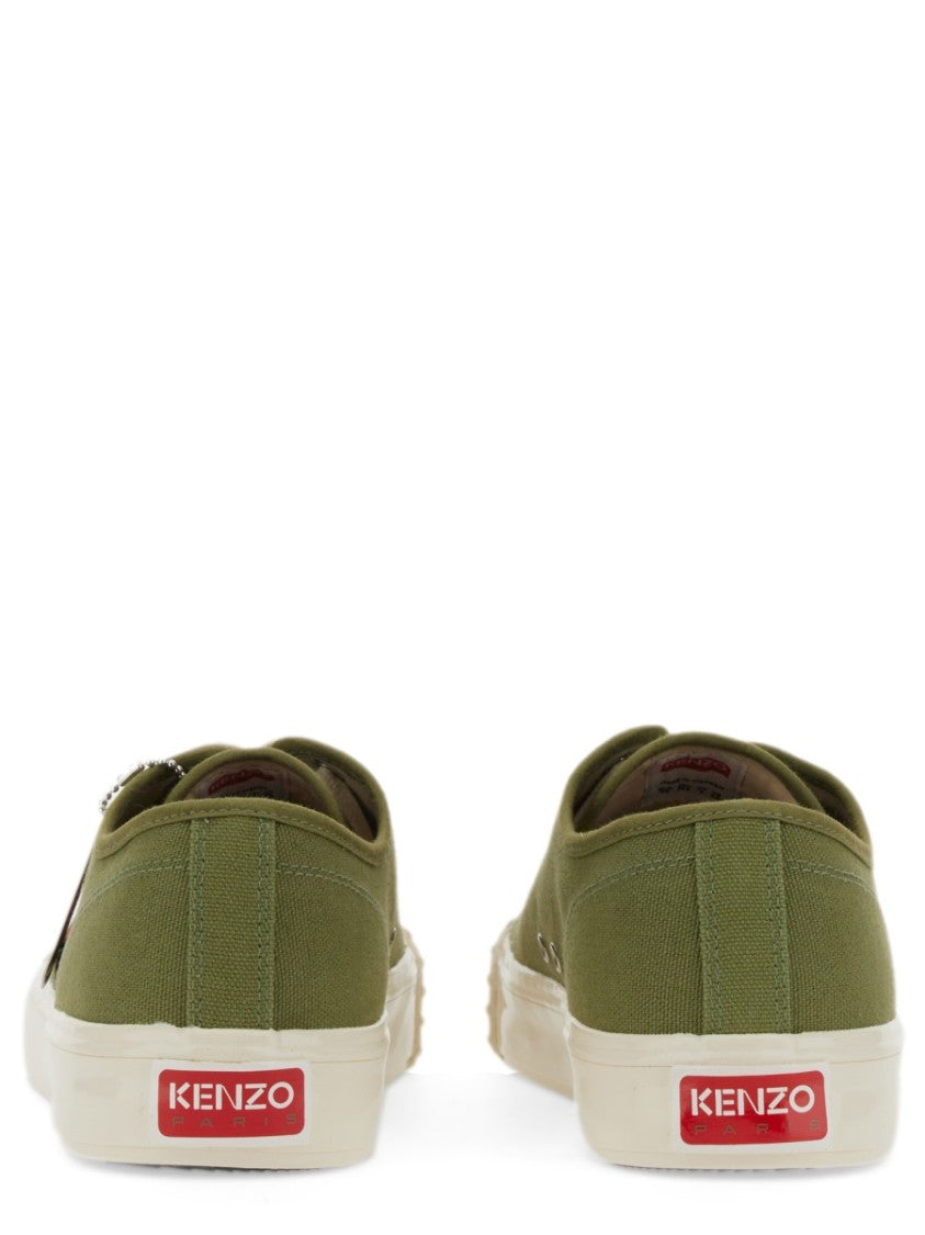 Kenzo Olive Green Low-Top Sneakers With Red Floral Embroidery