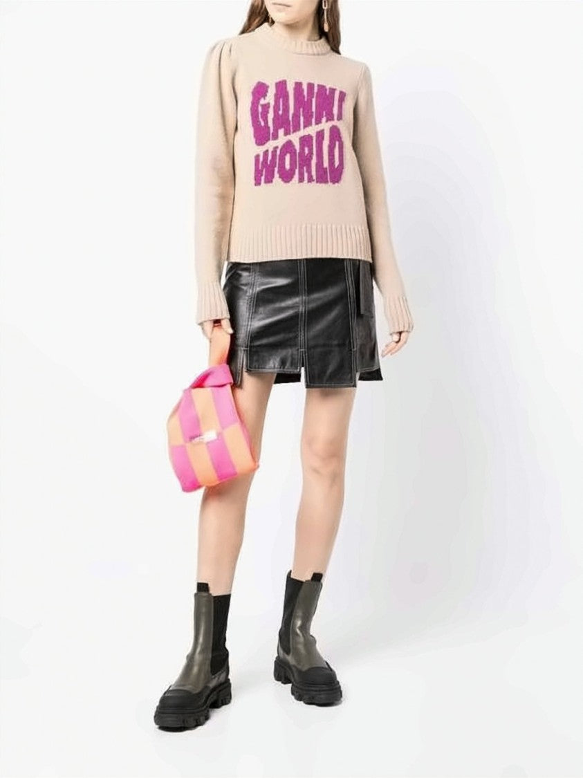 Ganni Knitted Sweater With Ribbed Details And Bold Graphic