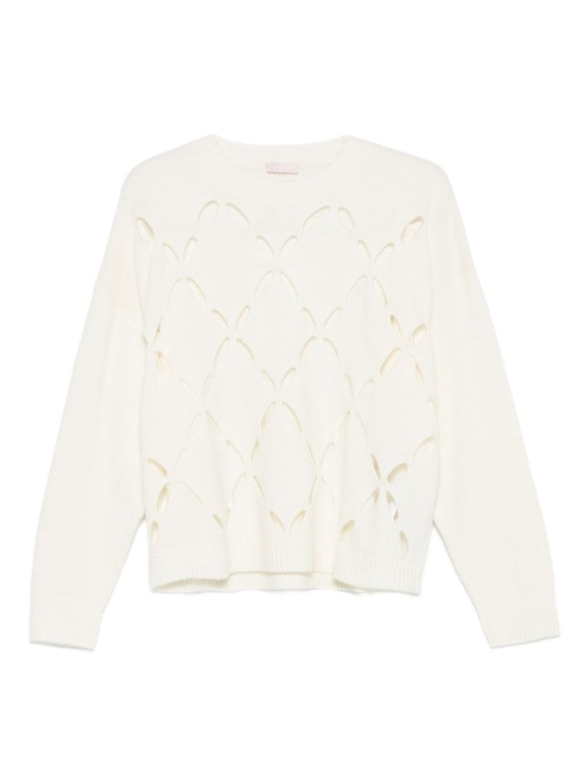 Liu Jo Open-Knit White Wool Sweater With Ribbed Cuffs