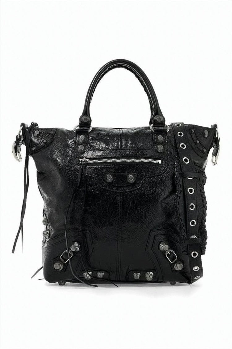 Balenciaga Textured Black Lambskin Tote Bag With Edgy Hardware And Detachable Pouch