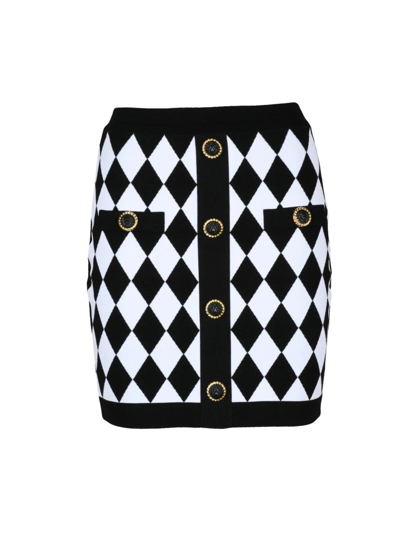 Balmain High-Waisted Stretch Knit Mini Skirt With Diamond Pattern