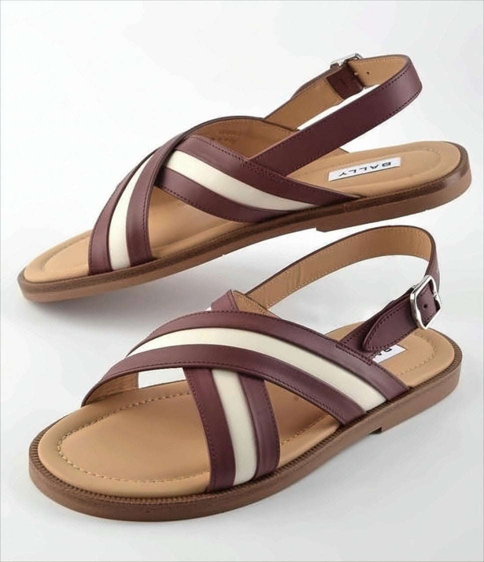 Bally Brown Calfskin Leather Dom Sandals With Crossed Straps